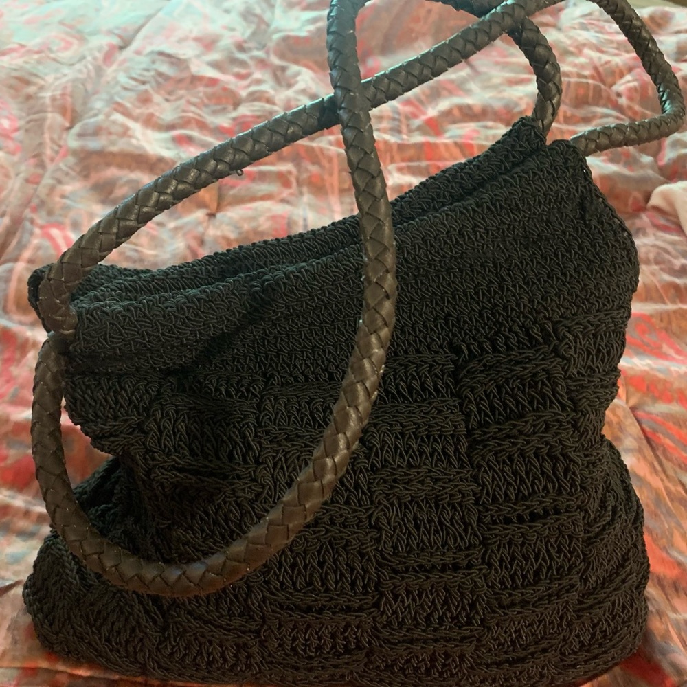 Faded Glory woven black bag, brown vegan leather woven coil handles